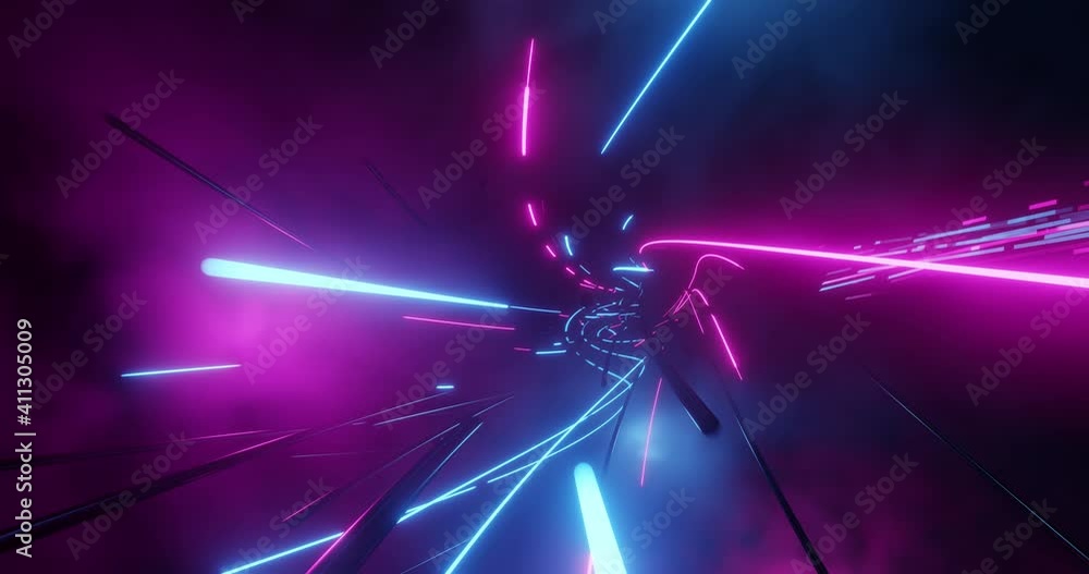 Poster abstract neon lights loop flying into digital technology tunnel. futuristic technology abstract back