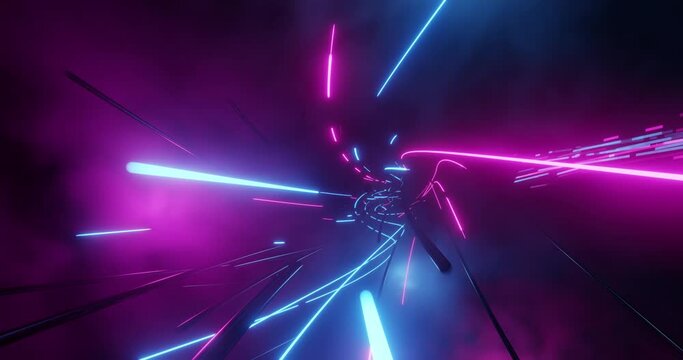 Abstract neon lights loop flying into digital technology tunnel. Futuristic technology abstract background with lines for network, big data, data center, server, internet, speed. 3D render, 4K loop