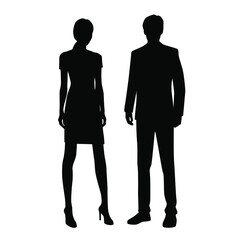 Vector silhouettes of  man and a woman, a couple of standing  business people, black  color isolated on white background