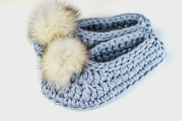 Crochet Grey Slippers with Pompoms