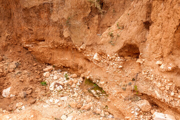 Frontal detail of different strata and layers of rock and earth on a slope.