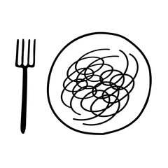Black hand-drawn outline flat vector illustration of hot spaghetti on the plate with a fork isolated on a white background for dinner for cooking book