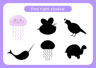 Worksheet find right shadow. Educational game for children. Trains attention and concentration.