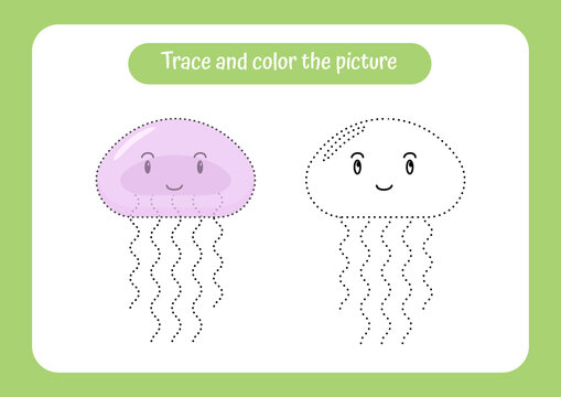 Jellyfish. Trace and color the picture. Educational game for children. Handwriting and drawing practice. Nature theme activity for toddlers, kids.