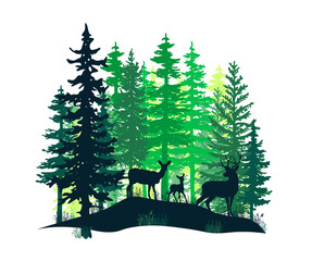 Obraz premium Deer with antlers, doe, fawn posing in magic misty forest. Silhouettes illustration. Coniferous trees.