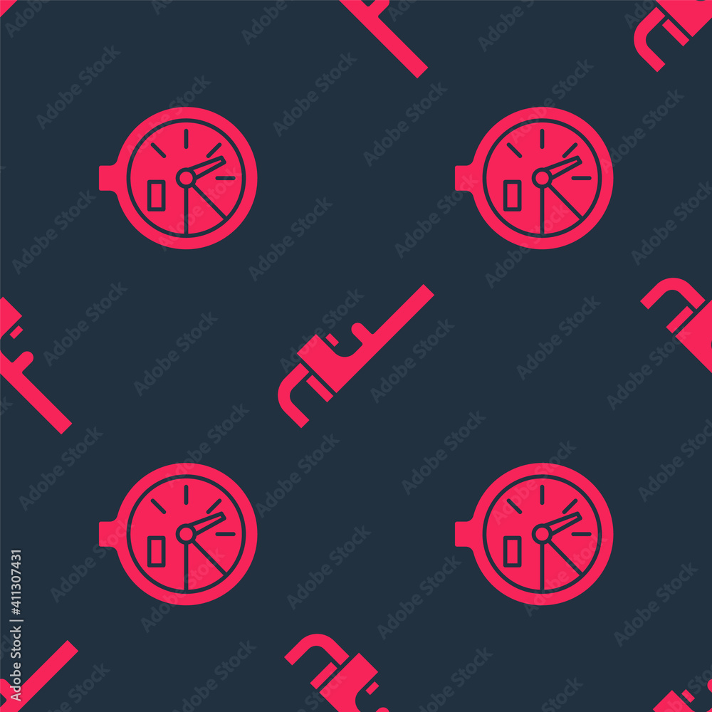 Poster set water meter and pipe adjustable wrench on seamless pattern. vector.