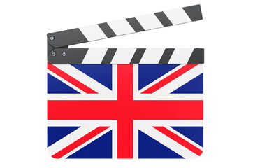 Movie clapperboard with British flag, film industry concept. 3D rendering
