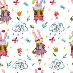 Easter watercolor pattern with cute boy and girl rabbits, on white background with butterflies, flowers, clouds and drops. Hand drawn easter pattern.