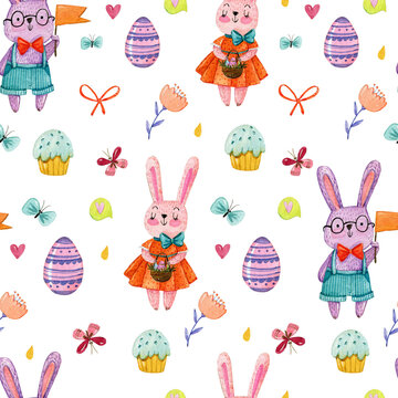 Easter watercolor pattern with cute boy and girl rabbits, on white background with butterflies, cakes, eggs. Easter seamless pattern in cute kids style.