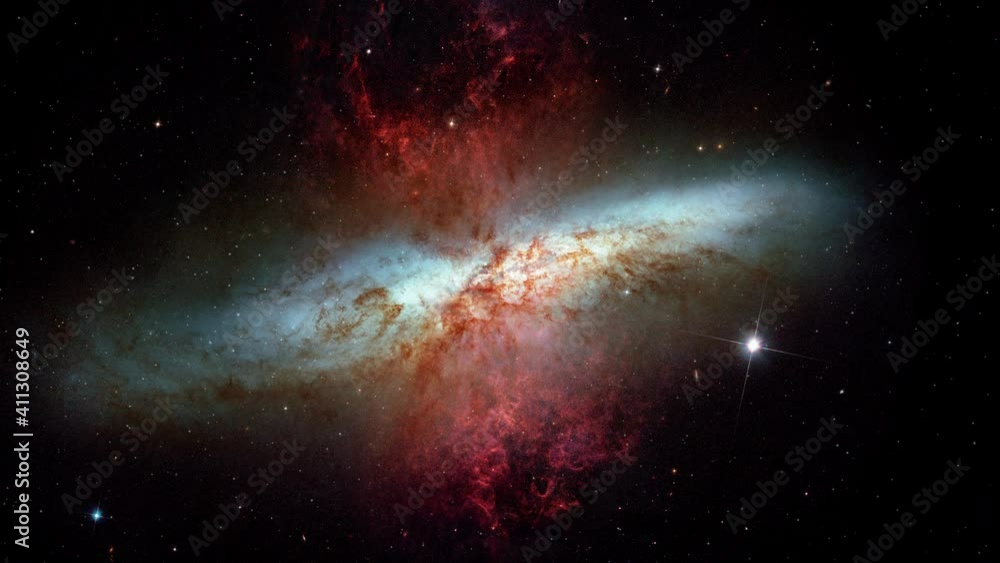 Wall mural approaching to spectacular galaxy rotating in outer space with jet explosion red dust and animated s