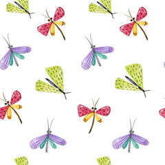 Watercolor seamless pattern with cute pastel colors butterflies on white background. Simple style butterflies