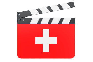Movie clapperboard with Swiss flag, film industry concept. 3D rendering
