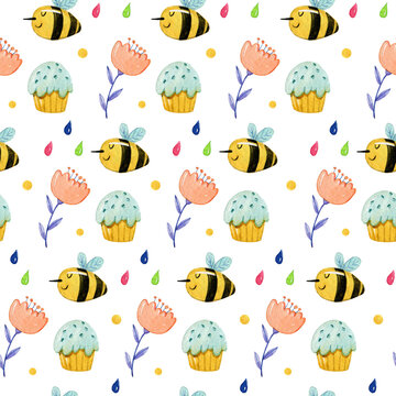 Watercolor hand drawing pattern with cute bee, easter muffins and flowers on white background. Seamless pattern in kids simple style. 