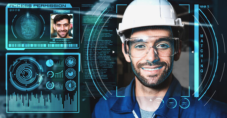 Facial recognition technology for industry worker to access machine control . Future concept interface showing digital biometric security system that analyze human face to verify personal data .
