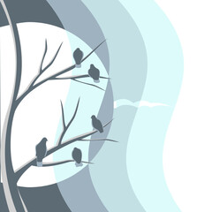 Birds sit on a tree waiting for spring. Vector illustration.