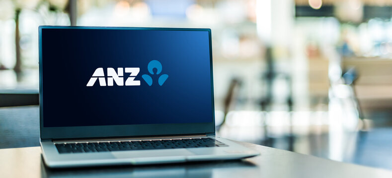 Laptop computer displaying logo of ANZ