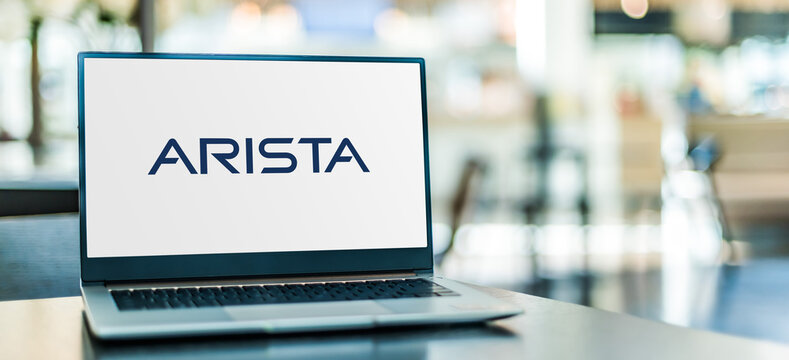 Laptop computer displaying logo of Arista