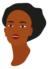 The head of a dark-skinned woman with black hair and parted lips