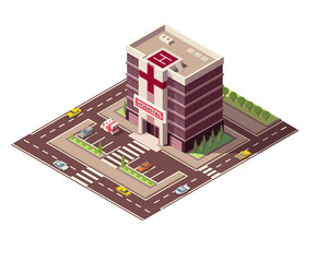 Isometric hospital or ambulance building mockup with signage, helicopter pad and road infrastructure, transportation and ambulance van. Vector flat isometric isolated infographic city element