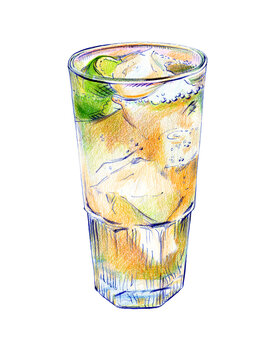 A glass of chilled carbonated soda. Ginger ale. Golden mix drink, gas bubbles. Сolored pencils ballpoint pen hand-drawn sketch isolated on white. Menu, restaurant, list, card, invitation, icon, post.