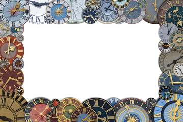 frame out of a collection of multicolored ancient church tower clocks in different sizes and forms with roman numbers isolated around blank white copy space in the middle