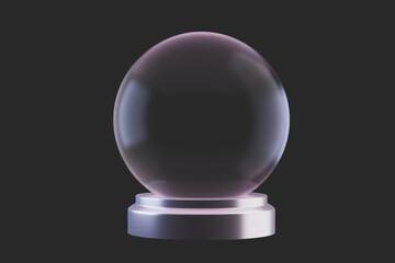 A souvenir Empty Transparent Snow Globe on dark background, 3d render