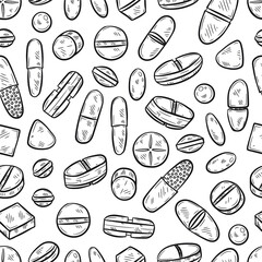 Seamless pattern with cute hand drawn pills icons. Vector medical collection