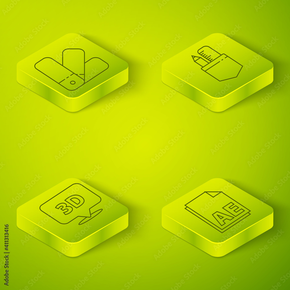 Poster set isometric crossed ruler and pencil, speech bubble with text 3d, ae file document and color palet