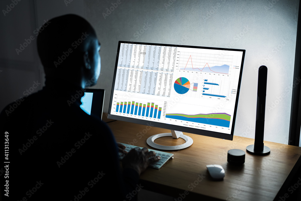 Poster analyst employee working with spreadsheet