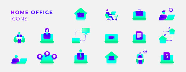 Home office icons set gradient colorful