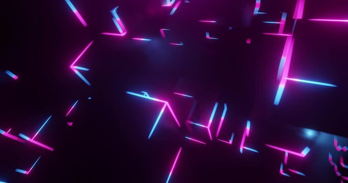 Retro Video Game chase in Neon cube scene. Abstract flyby with neon cubes. VJ Retro-Futuristic City.  Perfect for VJs loops, Backgrounds, Projections, Nightclubs, LED. 3D render, 4K loop