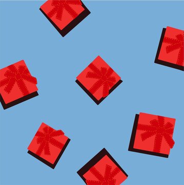 Partern wrapping paper. Invitation. Background, wallpaper. Red gift on tej blue background. Flat vector illustration.