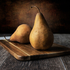Pears on cutting board on wood floor © Edward Bolda