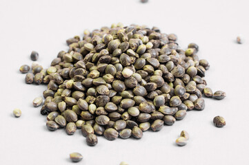 hemp seeds  macro image on white background