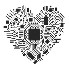 Obraz premium Cyber technology heart. Valentines day background with love symbol. Vector black and white illustration.