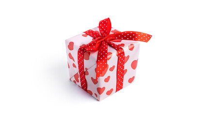 Gift box with red ribbon and hearts isolated on white background.