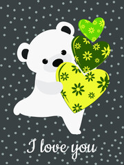 Cute polar bear and heart with flowers. Valentine's card with polka dots. Template for fashion prints on cups, pillows, textiles, clothes, T-shirts. Vector graphics.