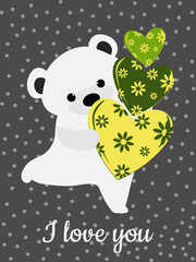 Cute polar bear and heart with flowers. Valentine's card with polka dots. Template for fashion prints on cups, pillows, textiles, clothes, T-shirts. 