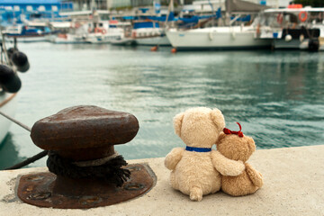 Fototapeta na wymiar Two teddy bears in sea harbor 