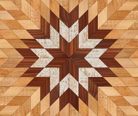 Colorful wooden wall made of scraps of boards. Wood texture. Tiled wooden floor with a geometric pattern.
