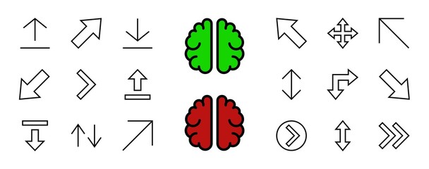 Set of line arrows, directions, arrows, contains icons such as pause, continuation, directly, to the right, Editable stroke. 480x480, On a white background, Vector illustration