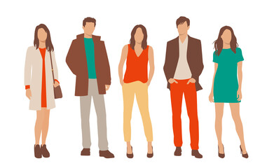 Obraz premium Set of young men and women, different colors, cartoon character, group of silhouettes of standing business people, students, the design concept of flat icon, isolated on white background