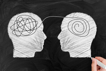Mental Health concept. man draws a silhouette with confused thoughts and a structured look