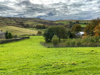 Landscape, with fields, trees, and moors near, Denholme Road, Leeming, UK