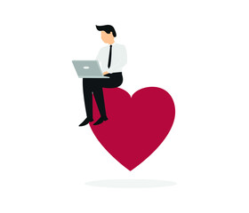 Businessman with laptop on red heart. Heart modern flat vector illustration.
