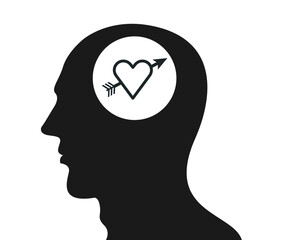 Black vector sign of man's profile with heart on brain place isolated on white background.
