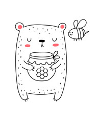 Vector line drawing cute bear with honey and bee. Doodle illustration.