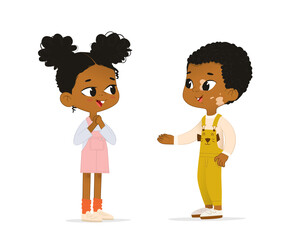 Two African American children talk to each other. School boy with vitiligo say hello to his new friend. Boy abd Girl School friends have fun