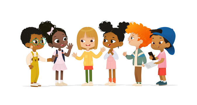 Group of Multicultural children talk to each other. School boy with  vitiligo say hello to new friends. Asian boy scan QR code. School friends  have fun Stock Vector | Adobe Stock