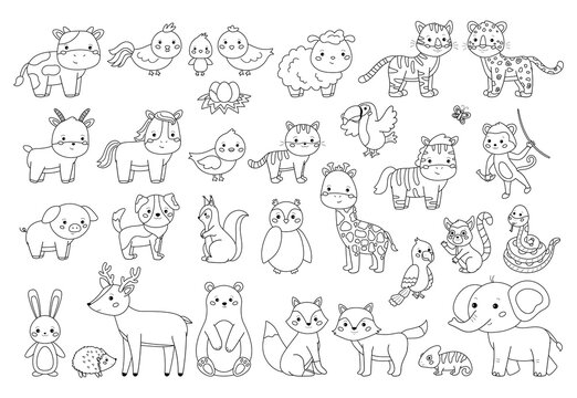 Big animals set for coloring book. Outline vector illustration for children. Cute cartoon characters. Farm, forest and jungle animals.